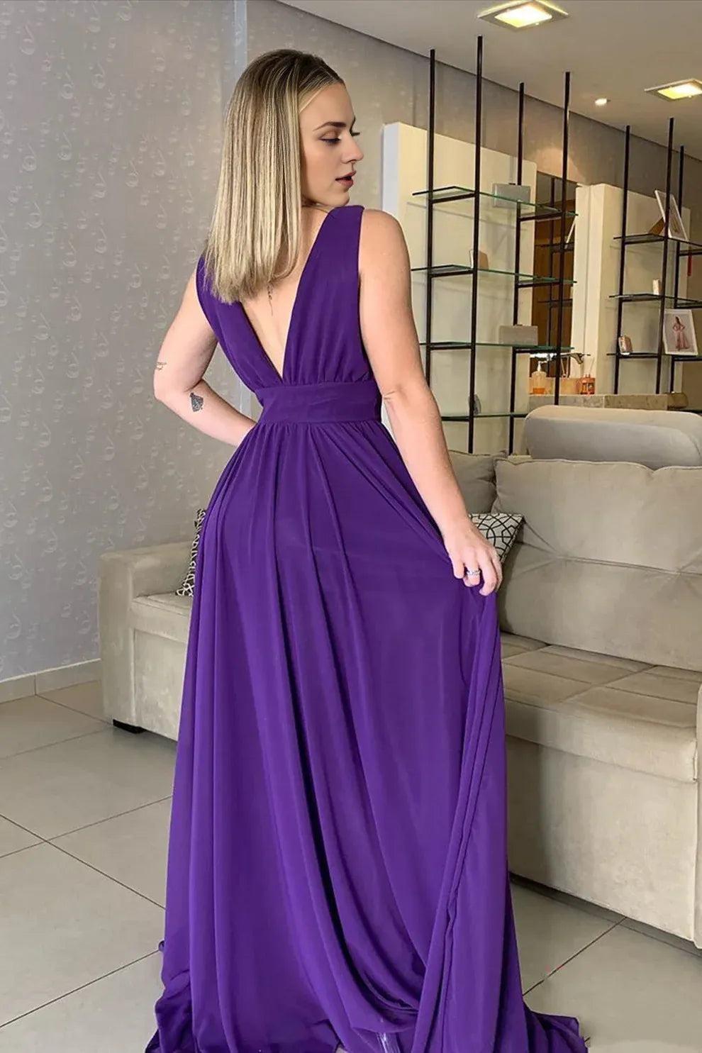 Vestido largo Weitese de gasa con escote en V y corte A, color morado, sin espalda, para fiesta de noche formal.